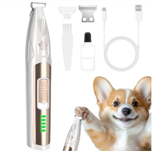 TECHMUR Pfotentrimmer für Hunde mit LED-Beleuchtung, Leiser Betrieb, Akku-Anzeige & Type-C-Ladung – Pfotenpad-Trimmer für Hunde, Katzen und Haustiere (Weiß)