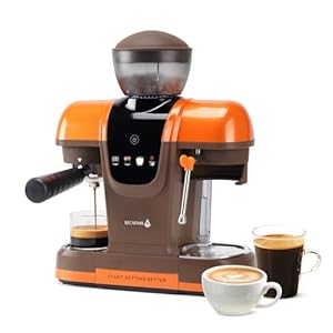 Semi-Automatic Espresso Machine with Grinder, 20 Bar Professional Coffee Maker with Milk Frother, Latte & Cappuccino, Compact for Home Use, Orange