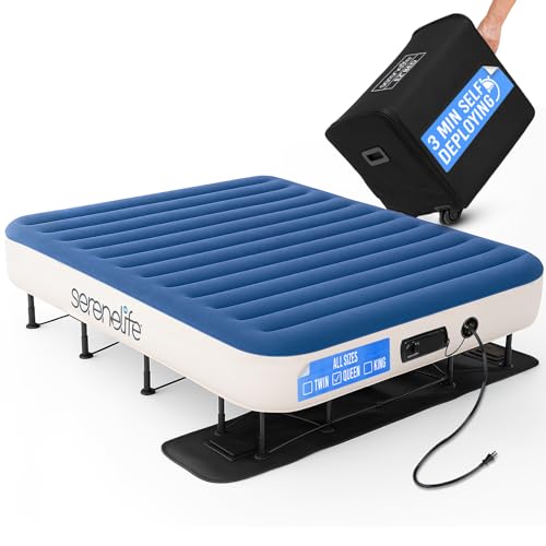 SereneLife (Queen) EZ Bed Air Mattress with Frame and Rolling Case - 3 Min Self Inflating Air Bed with Upgraded U-Coil Mattress and Premium Soft Flocked Top, Wall Plug AC Powered Inflate and Deflate