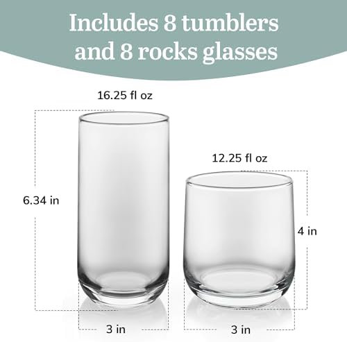 Libbey Ascent Tumbler and Rocks Drinking Glasses Set of 16, Glass Drinking Glasses with Curvature, Versatile Glassware Set for Parties and More - Thumbnail 2
