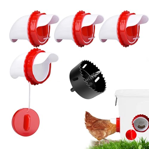 Chicken Feeder Port Kit –4 Pack Automatic Poultry Feeder Cups for Buckets & Bins, No Waste Rainproof DIY Chicken Feeders for Hens, Ducks & Other Poultry