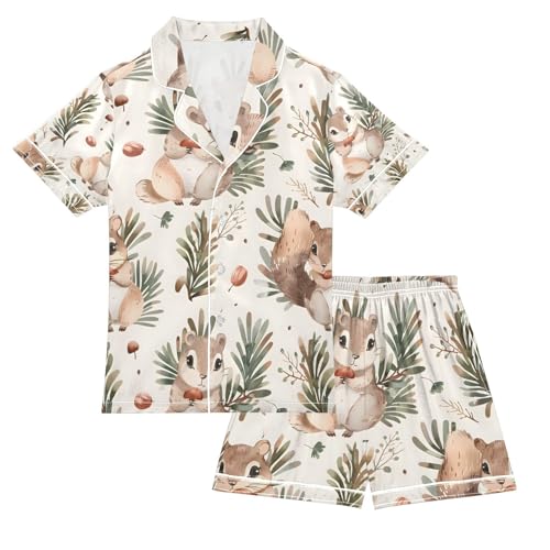 senya Cute Cartoon Squirrel Satin Summer Pajama Sets Silk Short Sleeve Button Down Sleepwear