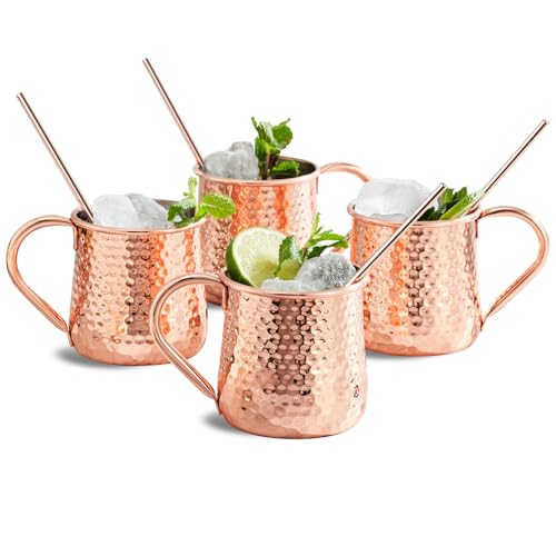 Kitessensu Moscow Mule Mugs Set Of 4 | 18 Oz Hammered Copper Mule Mugs With Straws Keep Cocktails Well-Chilled, Copper Cups For Drinking Cocktails, 18/8 Stainless Steel Lined & Dishwasher Safe Barware