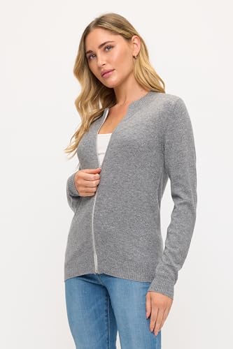 Image of Women's 100% Cashmere Soft Long Sleeve Crew Neck Open Zip Cardigan