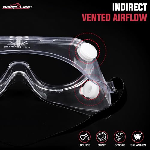 Image of BISON LIFE Vison Safe SplashGuard Clear Safety Goggles Eye Protection Chemical Splash Resistant Anti-Fog Anti-Scratch Adjustable Strap Glasses - Pack of 1