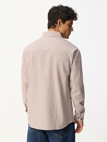 Image of The Souled Store Cotton Linen Stripes: Apricot Men and Boys Long Sleeves Collared Neck Orange Stripes Regular Fit Lightweight Comfortable Summer Cotton Linen Shirts