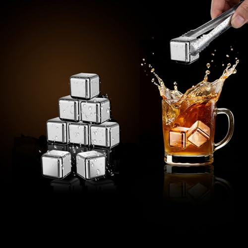 8 Stück eiswürfel wiederverwendbar mit Clips edelstahl eiswürfel für Whisky Cocktail Wein Kaffee Lebensmittelqualität Whiskystein Metall Kühlsteine ohne Verwässern