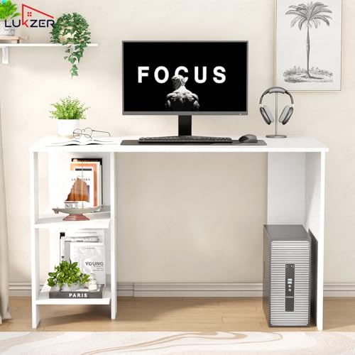 Image of Lukzer Engineered Wood Computer Desk with One Tier Shelves Laptop Study Table for Office Home Workstation Writing Modern Desk (ST-007 / White / 100 x 50 x 77 cm)