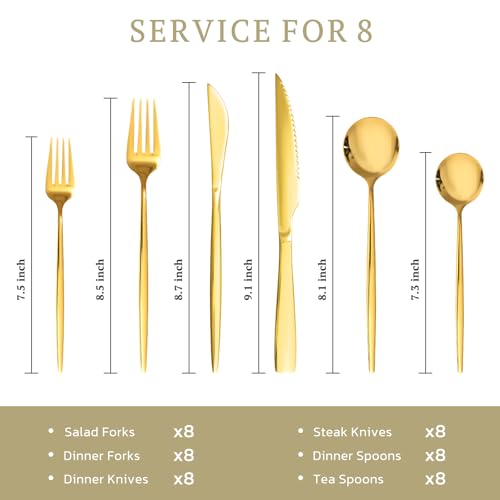 Image of Astercook Silverware Set 48-Piece Gold Flatware Set with Steak Knives Food-Grade Stainless Steel Cutlery Set for 8 Mirror Polished Utensils Set for Home Kitchen Restaurant