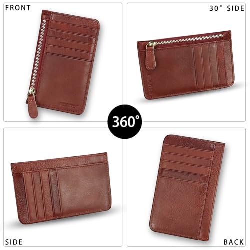 Genuine Leather Slim Wallet for Women and Men Credit Card Holder with RFlD Blocking Vintage Full Grain Leather Zip Purse Card Cases Money Clip (Red)3