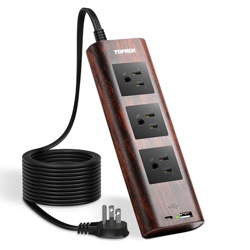 Power Strip Surge Protector (1800J) 10FT Extension Cord with Ultra Thin Flat Plug 3 Widely-Spaced Outlets 1 USB-C & 1 USB-A Port Wood Finish Power Strip with USB for Home Office or Dorm