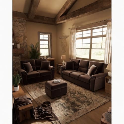 Image of Anderson Sofa Set for Living Room | Sectional Sofas | Premium Leather Sofa for Home Office | Leather Sofa Set | Leatherette Sofa (Brown Fabric, 3+2 Seater with Ottoman)