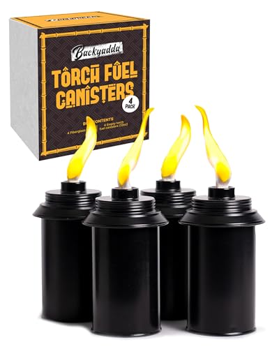 Backyadda Torch Replacement Canisters (12 oz). Compatible with Tiki Torches. Easy Fill Opening. 4-Pack Standard Metal (Without Caps)