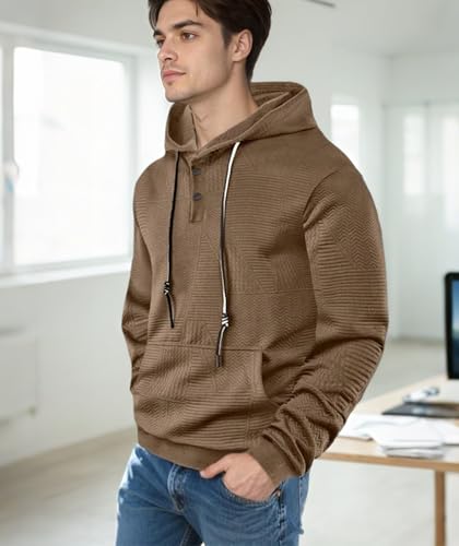 Mens Hoodies Trendy Quarter Drawstring Plaid Jacquard Long Sleeve Button Pullover Tops with Kanga Pocket2