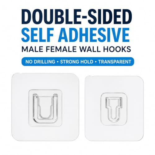 Image of KONVIO NEER Double Sided Self Adhesive Wall Hooks - 10 Pack Heavy Duty Male Female Wall Mount Hooks without Drilling, Transparent Sticker Hooks for WiFi Router, Socket Box, Kitchen & Home Organization