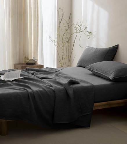 Talasily 100% French Pure Linen Sheets Set Full Size,Oeko-TEX Certified Bedding, All-Season Breathable for Hot Sleepers,16 Inch Deep Pocket Machine Washable 4-Piece (Dark Grey)