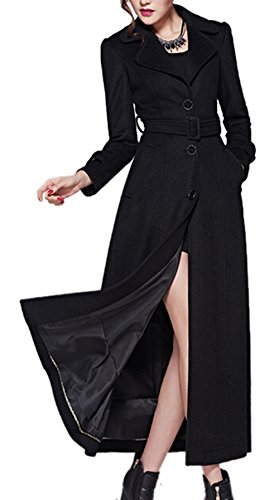 AZIZY Women's Full-Length Sing-Breasted Turn Down Collar Wool Coat with Belt Black 2XL
