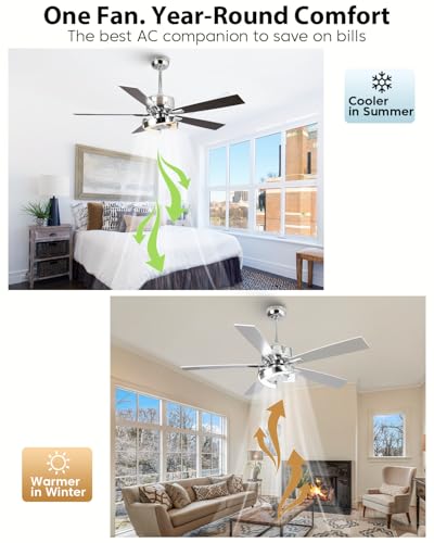 Image of 52 Inch Silver Ceiling Fans with Lights and Remote, Creative Modern Ceiling Fan, 3CCT, 6 Speeds, Quiet, Dual-Sided Reversible 5 Blades Indoor Outdoor Chandelier Fan for Bedroom Living Room