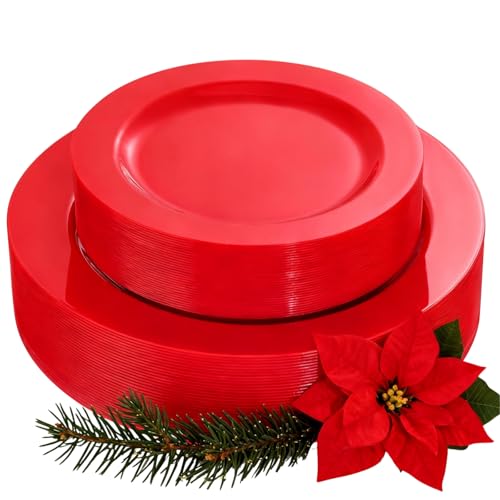 FLOWERCAT 60PCS Red Plastic Plates - Heavy Duty Red Plates Disposable for Party - Include 30PCS 10.25inch and 30PCS 7.5inch for 30 guests Party & Christmas & New Year FLOWERCAT 60PCS Red Plastic Plates - Heavy Duty Red Plates Disposable for Party - Include 30PCS 10.25inch and 30PCS 7.5inch for 30 guests Party & Christmas & New Year