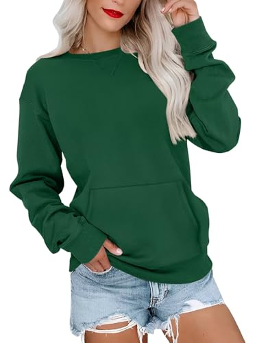 Ovanviso Womens Crewneck Sweatshirts with Pocket Trendy Fashion Pullover Loose Fit Long Sleeve Tops 2026 Dark Green