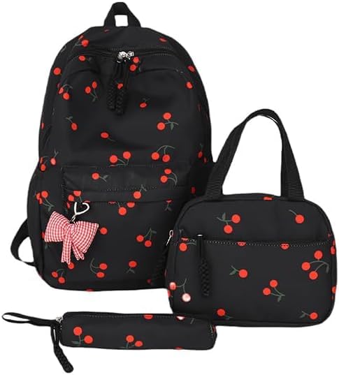 Cherry Backpack for Girls Nylon Rucksack Cute Kawaii Backpack 3 Piece Set with Cherry Pattern (Black)