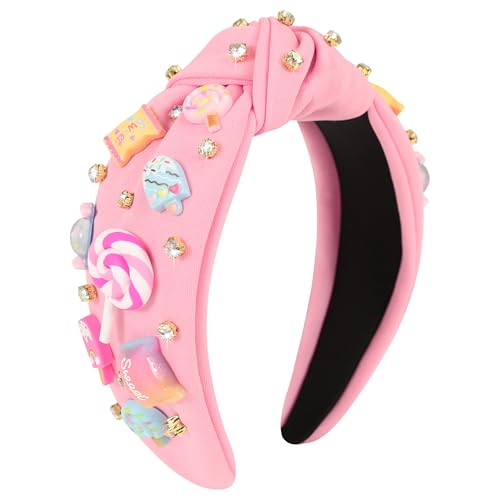 Gmmidea Candy Knotted Headbands for Women Cute Rainbow Lollipop Ice Cream Charm Headband Beaded Wide Top Knot Birthday Girl Hairband Funny Back to School Hair Accessories