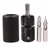 Tattoo Grip 25mm Black Aluminum Alloy Self Lock Tattoo Grips with Gray Silicone Grip Cover Tattoo Tips 5R 5F for Coil Tattoos Rotary Machine Gun Kit Beauty Body Care