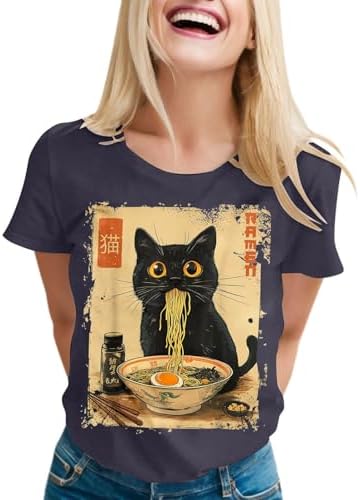 Cat Ramen Divertido Gráfico Tees Gato Anime T Camisa Blusa Sexy S...
