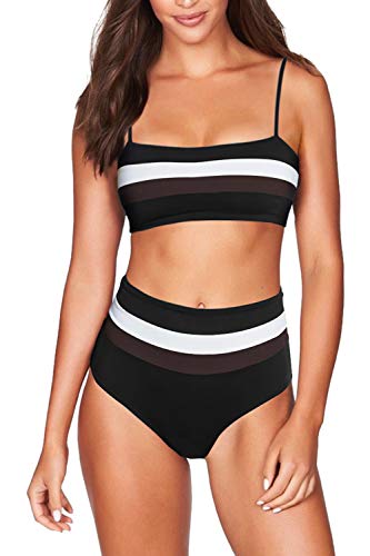 Conjunto de biquíni feminino de 2 peças, top tomara que caia, cintura alta, listras, Preto, S
