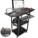 Goyappin AV Cart with Wheels and Power, Computer Cart with Pullout Keyboard Tray and Drop Leaf Shelv