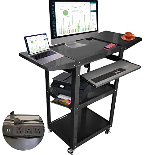 Goyappin Av Cart With Wheels And Power, Computer Cart With Pullout Keyboard Tray And Drop Leaf Shelves, Computer Workstation On Wheels Adjustable Height For Presentations Offices And Schools 42X18 #TOP15