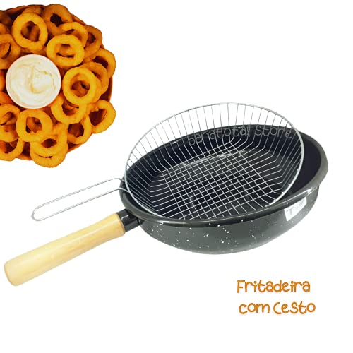 Fritadeira Esmaltada com Cesto Cromado Frigideira Cabo Madeira