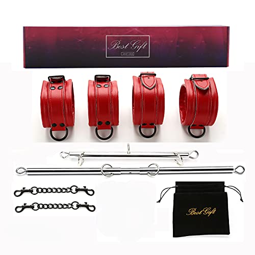 EXREIZST Expandable 2 Spreader Bar Set with 4 Leather Straps Adjustable Exercise Training Tools Set for Home Gyms (Silver/Red)