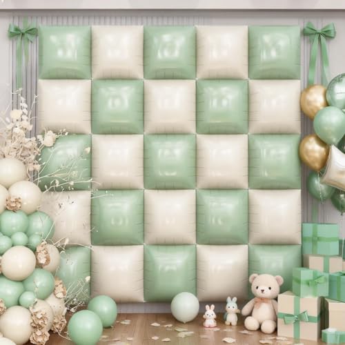HILAVO Sage Green Square Foil Balloon Wall, 20 PCS Double Sided Mint and Beige Square Balloon Wall Backdrop for Gender Neutral Baby Shower Wedding Jungle Safari Woodland Birthday Party Decoration