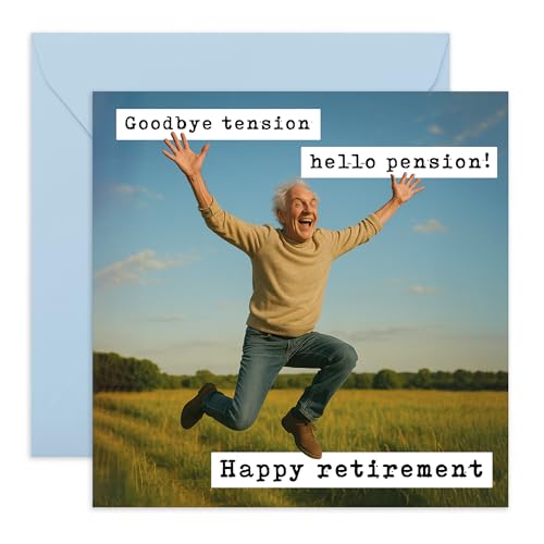 Funny Retirement Card for Him – “Goodbye Tension, Hello Pension!” – Leaving Card for Colleague, Friend, Boss, Dad, Bro, Mate, Coworker, Men - Comes with Stickers