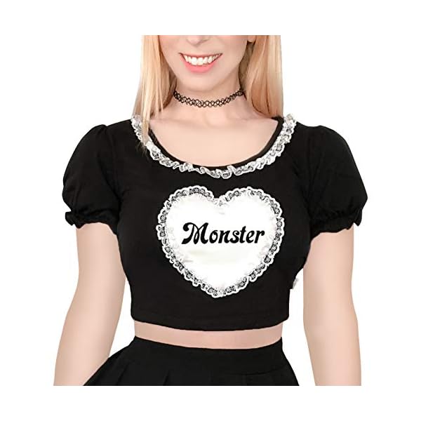 LittleForBig Kawaii bauchfreie Top Puffärmel und U-Ausschnitt Hemd – Kleines Monster/Babygirl