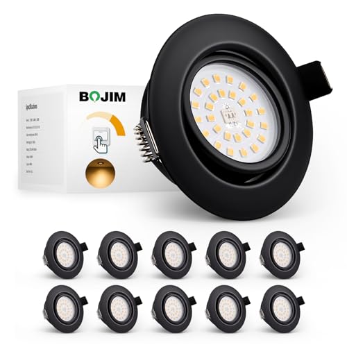 BOJIM Einbaustrahler LED 230V Schwarz Dimmbar Energieeffizienzklasse D Warmweiß 5.5W 650lm 68mm - 80mm Lochmaß Spots Einbauleuchten Flach Schwenkbar für Küche Wohnzimmer Badezimmer 10er Set