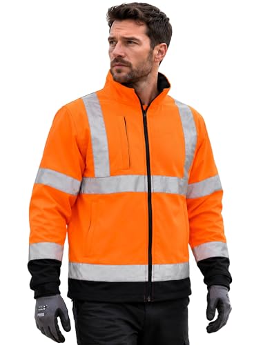 Image of Sam Caan® Hi Vis Softshell Jacket Men High Visibility Viz Reflective Water Resistant Shower Proof Rain Repellent Windproof Safety Site Coat Work Wear Builder Soft Shell Workwear Warm Top