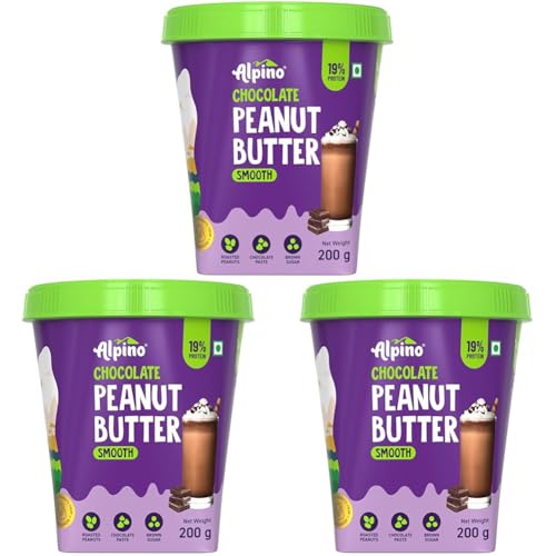 Image of ALPINO Chocolate Peanut Butter Smooth 200 G - Roasted Peanuts, Chocolate Paste, Brown Sugar & Sea Salt - 24g Protein, Gluten Free - Plant Based Peanut Butter Creamy (Pack of 3)
