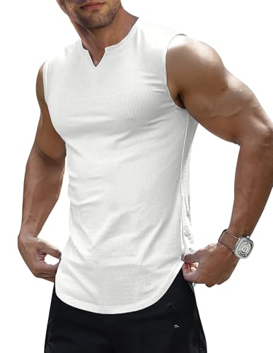 JMIERR Men's Casual Tank Tops Knit V Neck Sleeveless T Shirts Summer Beach Lightweight Muscle Tee,US34(M),White
