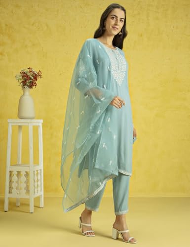 Image of Kaari Women's Embroidered Kurti Set with Dupatta | Ethnic Suits with Embellished Dupatta | Everyday and Festive Kurti Set for Women