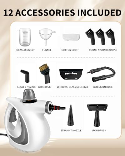 Image of Pressurized Handheld Steam Cleaner for home with 12pcs Accessories&Safety Lock - Multi-Surface Natural Deep Steamer for Cleaning Car, Furniture, Floor, Upholstery, Tile, Grout, Windows