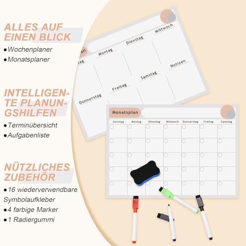ARVOK Magnetic Whiteboard Wochenplaner abwischbar mit Monatsplaner Kalender Set - 42 x 29.7 cm für Kühlschrank, inkl. 4 Boardmarker, 16 Magnete & Wischeschwamm - Familienplaner Haushaltsplaner