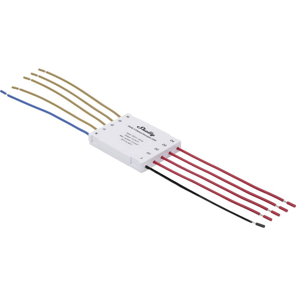 Shelly 4-Channel Decoupler 230V - Module Convertisseur de courant AC (120V-230V) vers DC (12/24V), 4 Canaux, Longueur 80 mm, Compatible avec les dispositifs Shelly