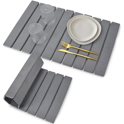 Stone Dish Drying Mat for Kitchen Counter – Collapsible 24'(L)×16 (W) Super Absorbent Diatomaceous Earth Dish Drying Mat, Grey Kitchen Counter Mats for Dishes ,Bottles, Cups, Match Any Countertop
