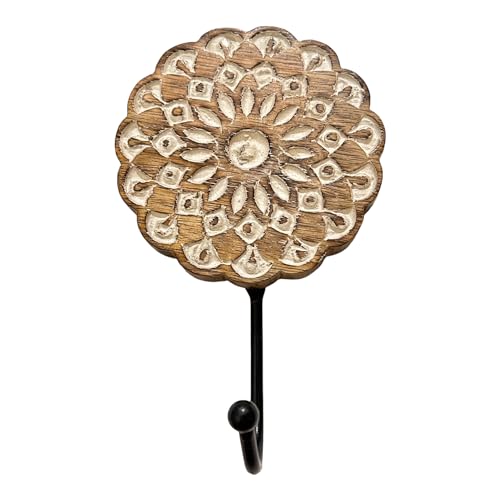 SB Arts Wooden Wall Hooks Decorative Mandala Art Boho Chic Handmade Heavy Duty Wooden Wall Mount Vintage for Hanging Coats Modern Wood Carved Key Hook for Purses Towels Keys Clothes Jewelry Hanger