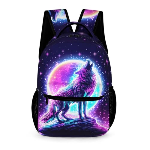 GNEW Galaxy Wolf Backpack Howling Wolf Backpack for Kids, Pink Purple Galaxy Starry Stars School Backpack, Universe Animal Bookbag Elementary Middle High School Backpack,16.5 Inch