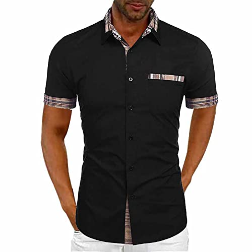 Men's Casual Button Down Shirt Plaid Collar Short Sleeve Cotton Dress Shirts Summer Beach Top With Pocket Black #TOP22