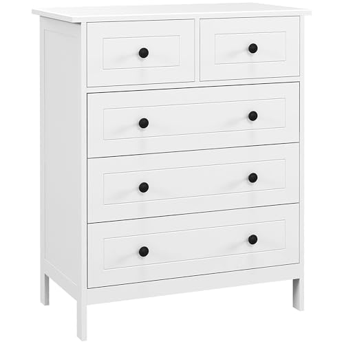 HOMCOM Cajonera de Dormitorio Cómoda Blanca de 5 Cajones con Manijas Cajonera Alta para Salón Oficina Estudio Estilo Moderno 74x40x91 cm