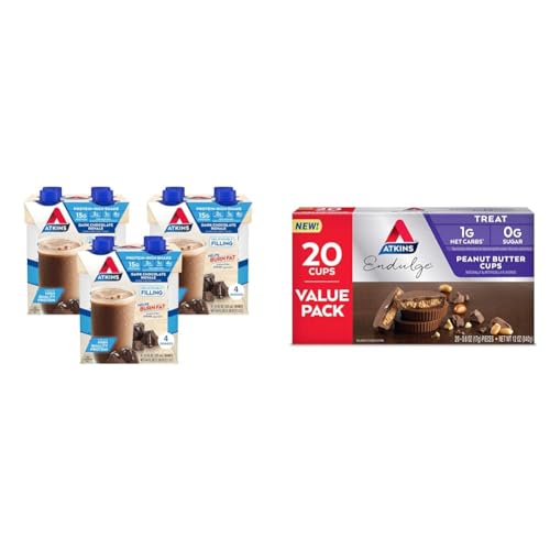Atkins Dark Chocolate Royale Protein Shake, 15g Protein, Low Glycemic, 2g Net Carb, 1g Sugar, Keto Friendly, 12 Count & Endulge Peanut Butter Cups, Dessert Favorite, Low Carb, 0g Sugar, 20 Count - image 1